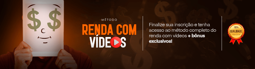 Banner superior do produto. Segue a descrição do conteúdo: O Método Renda com Vídeos é um treinamento criado exatamente para quem quer transformar visualizações em dinheiro, mesmo começando do zero, sem aparecer e sem precisar investir alto em anúncios.