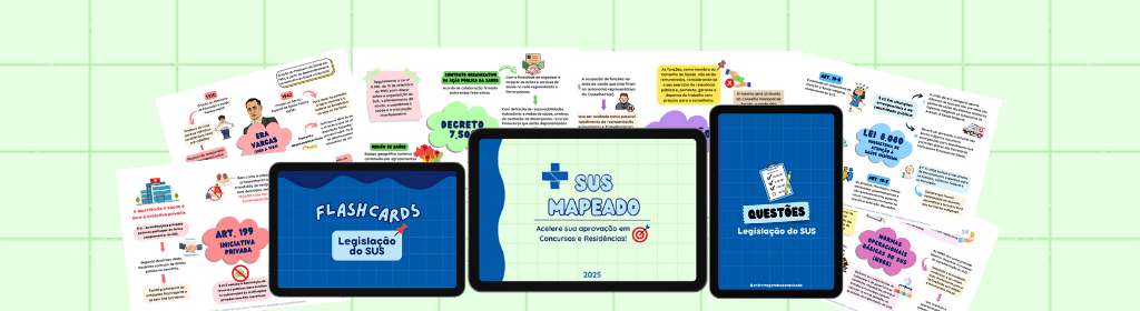 Banner superior do produto. Segue a descrição do conteúdo: O SUS mapeado foi idealizado para você que busca aprender SUS de forma mais rápida e dinâmica que a Lei seca. Através dos mapas mentais você poderá ler todas as principais Leis, Decretos e documentos importantes de forma resumida, colorida e em formato de mapas mentais para acelerar sua leitura e compreensão dos conteúdos de SUS que mais caem em provas de concursos e residências.

Com o Combo SUS MAPEADO você vai:

- Estudar todo o conteúdo básico sobre SUS por meio de mapas mentais
- Revisar com mais de 170 flashcards
- Testar os conhecimentos resolvendo 120 questões

O que você vai aprender:

Evolução histórica do SUS e reforma sanitária
Constituição federal de 1988 (Art. 194-200)
Lei nº 8.080/90
Princípios Doutrinários e Organizativos do SUS
Lei nº 8142/90
NOBS e NOAS
Pacto pela Saúde 
Decreto nº 7.508/11
Resolução nº 453/2012
Sistema de Planejamento do SUS
Sistemas de Informação em Saúde
Ações e Programas do SUS

Chega de sofrer lendo uma enxurrada de Lei seca. Com este combo você vai acelerar seus estudos sobre SUS em poucos dias e garantir sua tão sonhada aprovação!

OBS: Material em PDF. Liberado pelo email após confirmação do pagamento.