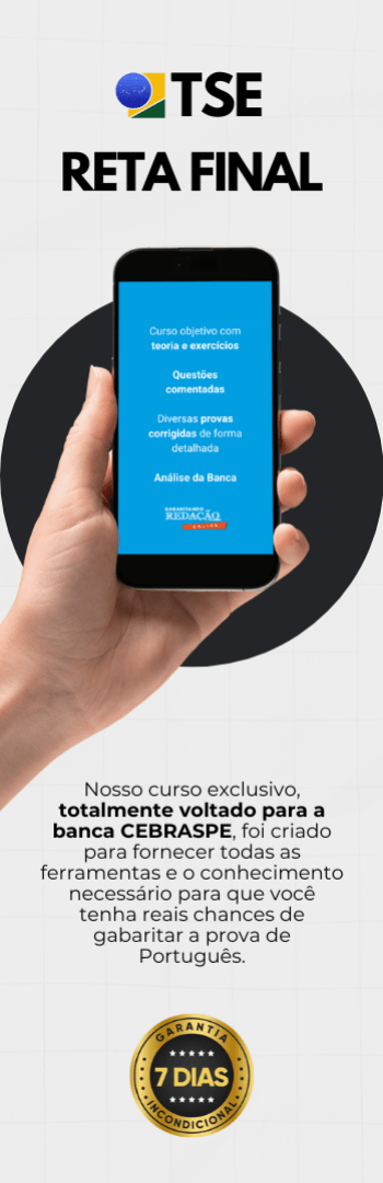 Banner lateral do produto. Segue a descrição do conteúdo: Domine o Português e tenha chance de conquistar seus objetivos com o nosso curso direcionado para a Banca Cebraspe!

Você tem um sonho, uma meta, um concurso público em mente. No entanto, quando se trata da prova de Português da Banca Cebraspe, você se sente inseguro e desafiado. Não se preocupe mais! Nós entendemos os desafios únicos apresentados por essa banca e desenvolvemos um curso sob medida para você.
 

O que você ganhará ao escolher nosso curso:

- Análise Banca Cebraspe;
- Curso de Questões comentadas CEBRASPE- mais de horas de aula com teoria e correção de questões separadas por assunto 
 (270questões) / 15 horas;
- Curso de Correção de Provas CEBRASPE - Diversas provas corrigidas de forma detalhada (2021 a 2024) / 12 horas;
- Curso de Português para Concursos - Curso objetivo com teoria e exercícios. /14 horas.

Carga horária: 41 horas

Curso 100% gravado.

-----------------------------------------------------------------------------------------------------------------------------------------------------------------------------

Qual o prazo de acesso ao curso?
O prazo de acesso de 180 dias. 

Como funciona a garantia de 7 dias e reembolso?
Segundo o artigo 49 do Código de Defesa do Consumidor, o consumidor poderá desistir de sua compra no período de até 7 dias corridos, assim como ter os valores pagos reembolsados até 7 dias depois do ato da assinatura. Então, caso se arrependa de ter assinado dentro do prazo de 7 dias da contratação, você pode solicitar o cancelamento com direito ao reembolso do valor que foi cobrado.