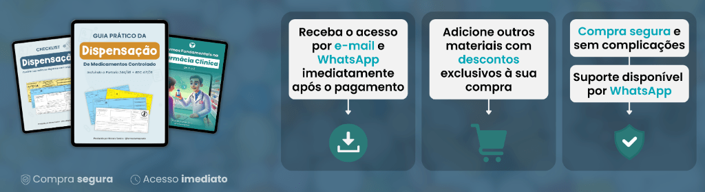 Banner superior do produto. Segue a descrição do conteúdo: Domine a dispensação com segurança e sem complicação.
Entenda de forma prática o que pode ou não pode fazer segundo a Portaria 344/98 e RDC 471/21.
Evite erros que geram autuação e confusão no balcão.

O que você vai encontrar:

1. Portaria 344/98
1.1 Introdução
1.2 Termos e Definições
1.3 Autorização Especial (AE)
1.4 Listas de Substâncias Controladas
1.5 Receituário e Notificações
1.6 Carimbos e Identificação
1.7 Gestão de Estoque
1.8 Arquivamento e Documentação
1.9 Balanços e Relatórios
1.10 Intercambialidade de Medicamentos
1.11 Venda Remota e Fracionamento
1.12 MIPs
1.13 Receita Digital
1.14 Boas Práticas Farmacêuticas
1.15 SNGPC

2. RDC 471/21 (com RDC 973/25)
2.1 Introdução
2.2 Uso Racional de Antibióticos
2.3 Prescrição e Receituário
2.4 Dispensação
2.5 Escrituração e Monitoramento
2.6 Aspectos Complementares
2.7 RDC nº 973/25

3. Referências Bibliográficas

E você ainda leva, como bônus:
• Checklist prático da dispensação
• Glossário A a Z com termos da Farmácia Clínica

Tudo em PDF, direto ao ponto, com linguagem simples e fácil de consultar no dia a dia.
Material atualizado com as normas mais recentes, pra você não correr risco por desatualização.