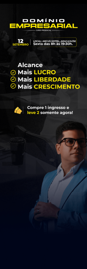 Banner lateral do produto. Segue a descrição do conteúdo: Um dia de treinamento para ter uma empresa que não dependa da sua presença e alcance + lucro, liberdade e crescimento.