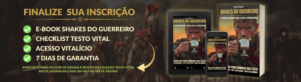 Banner superior do produto. Segue a descrição do conteúdo: O E-book "Shakes do Guerreiro" foi criado com uma seleção de 21 receitas de shakes que visam potencializar a sua produção natural de testosterona e revitalizar sua sua energia, autoconfiança e força.
Cada shake é uma combinação poderosa de ingredientes que, juntos, são uma verdadeira arma secreta para o homem moderno que busca um desempenho físico e mental de alto nível.
Cada receita traz a quantidade de calorias e de macro nutrientes - carboidratos, proteínas e gorduras -, bem como a quantidade dos ingredientes e o modo de preparo.
A única coisa que você precisa é de um liquidificador e a determinação de se tornar um guerreiro com a máxima testosterona natural.