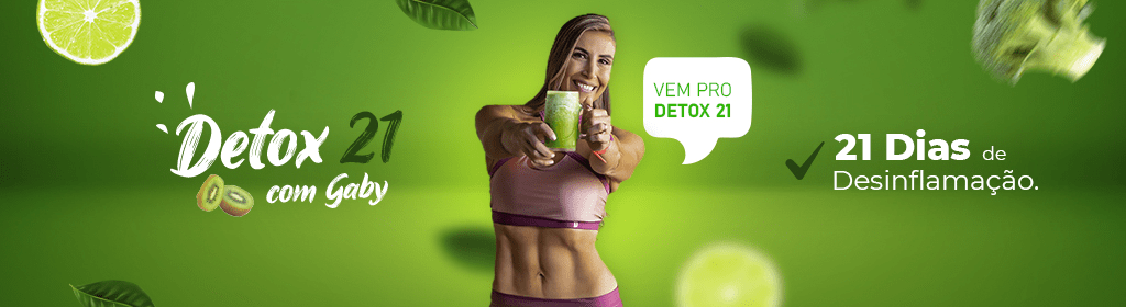 Banner superior do produto. Segue a descrição do conteúdo: Programa Detox de 21 dias para desinflamação corporal. 
Você irá participar de um grupo coordenado pela Naturopata Gaby Bueno, que terá como objetivo realizar uma desintoxicação orgânica através de estratégias nutricionais envolvendo alimentação, suplementação, e estratégias motivacionais, através de vídeos e desafios. 
Este programa contém abordagens e tratamentos 100% naturais visando o resgate do equilíbrio orgânico e da autoestima. 

Naturopata Gaby Bueno 
CRT 51.252