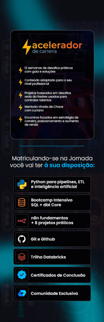 Banner lateral do produto. Segue a descrição do conteúdo: A Jornada de Dados é a formação mais completa para quem quer dominar as ferramentas e metodologias mais usadas no mercado de dados. São mais de 300 horas de conteúdo, cobrindo desde Python, SQL e a recém-lançada trilha de n8n para automações, até tecnologias avançadas como Docker, Airflow, Kafka, Terraform, AWS e Inteligência Artificial.

Você vai construir pipelines e projetos completos, aprendendo na prática como integrar dados, automatizar processos e entregar valor real para o negócio. É a formação ideal tanto para quem quer começar na carreira quanto para Engenheiros de Dados, Analistas e Analytics Engineers que querem se destacar no mercado.

E nessa oferta especial, você garante também o Acelerador de Carreira, um programa focado em empregabilidade, networking e posicionamento profissional, que inclui:

Comunidade Jornada com mais de 1000 profissionais, vagas exclusivas, projetos reais e contato direto com profissionais e monitores

Desafios Semanais para aplicar na prática e evoluir rápido

Mentoria Virada de Chave, organizada em dois níveis: um para iniciantes e júnior e outro para pleno e sênior, focando em acelerar seu crescimento e aumentar seu potencial de renda

Tudo isso com acesso anual, aulas gravadas e suporte próximo para te acompanhar em cada etapa.