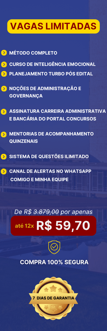 Banner lateral do produto. Segue a descrição do conteúdo: O Força Tarefa Administrativo e Bancários é o passo a passo pra você sair do zero e ser aprovado em concursos como INSS, Correios, ATAMF, Banco do Brasil, Caixa Econômica e tantos outros, mesmo com pouco tempo pra estudar.

Você vai ter acesso a um método testado e validado, que já ajudou milhares de alunos a conquistar estabilidade, salário digno e uma nova história.

Veja o que te espera por dentro do Força Tarefa Administrativo:

- Módulos completos sobre Técnicas de Estudo, Alta Performance e Gestão Emocional
- Treinamento de Inteligência Emocional com Dani Melo
- Planejamento Turbo Pós-Edital 
- Noções de Administração e Governança com Giovanna Carranza
- Canal de alertas no WhatsApp direto com a Gabi e o time
- Assinatura da Carreira Administrativa do Portal Concurso
- Mentorias quinzenais com a Gabi
- Sistema de Questões Ilimitado

Tudo isso com acompanhamento, direcionamento e suporte.