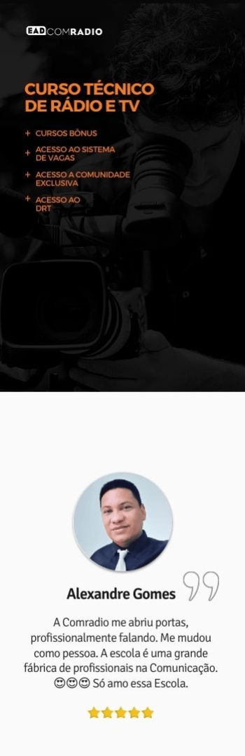 Banner lateral do produto. Segue a descrição do conteúdo: Aprenda Rádio e TV. Seja um profissional de Comunicação em apenas 12 meses e atue no Rádio, TV ou Internet.