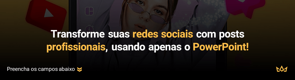 Banner superior do produto. Segue a descrição do conteúdo: Um curso onde você vai entender como usar o PowerPoint nas redes sociais.
Você vai aprender a fazer posts simples, posts com vídeo, stories, capa de YouTube e muito mais! Tudo usando apenas o PowerPoint!