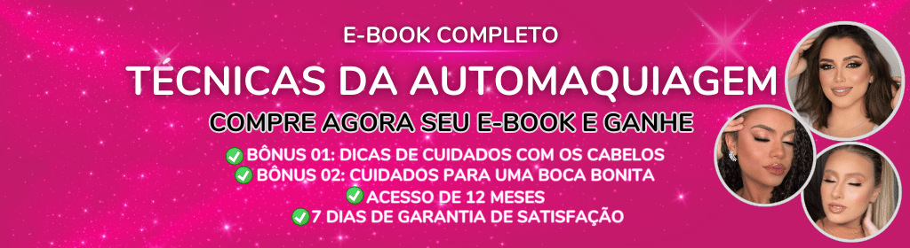 Banner superior do produto. Segue a descrição do conteúdo: Mergulhe no universo da maquiagem e aprenda a realçar sua beleza natural com este guia completo de automaquiagem! Desenvolvido para iniciantes e entusiastas, este eBook aborda desde os fundamentos da preparação da pele até técnicas avançadas para criar diferentes estilos de maquiagem.
