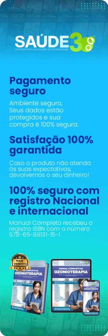 Banner lateral do produto. Segue a descrição do conteúdo: Pacote Especial: Livro Físico + eBook – O Manual Completo da Ozonioterapia

Aproveite esta oferta exclusiva e leve para casa O Manual Completo da Ozonioterapia em duas versões: impresso + digital (eBook) para você estudar onde e quando quiser!

Esse é o guia mais completo sobre ozonioterapia disponível no mercado. Uma verdadeira compilação de protocolos reconhecidos internacionalmente, com explicações detalhadas sobre o ozônio, suas propriedades terapêuticas e aplicações práticas.

São mais de 200 enfermidades contempladas, com métodos, técnicas, dosagens e esquemas utilizados por profissionais de diversos países. Tudo organizado de forma prática e objetiva, pensado para profissionais de saúde de diferentes áreas, estudantes e estudiosos que desejam aprofundar seus conhecimentos na ozonioterapia.

? Mais de 200 aplicações terapêuticas
? Protocolos reconhecidos mundialmente
? Livro físico + eBook para estudar em qualquer lugar
? Conteúdo exclusivo para profissionais e estudiosos da área

Garanta já o seu pacote especial e tenha em mãos o conhecimento necessário para aplicar a ozonioterapia com segurança e eficácia.