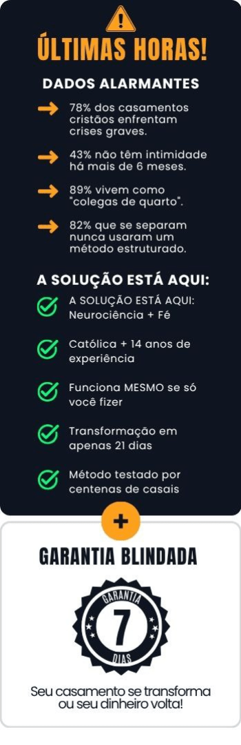Banner lateral do produto. Segue a descrição do conteúdo: O amor ainda tem solução. E pode ser melhor do que você imagina.

21 dias. 21 maneiras. Uma jornada que vai transformar seu relacionamento para sempre.
Se você sente que a rotina tem sufocado o amor ou que a conexão precisa ser restaurada, este planner é para você.

Baseado na sabedoria do Evangelho, neurociência e experiência prática, oferece ferramentas poderosas para reconectar, curar e aprimorar sua vida a dois.
Cada dia traz reflexão espiritual, descobertas da neurociência, ações práticas e exercícios de cuidado pessoal. Do afeto ao perdão, da gratidão à intimidade - cada área essencial é trabalhada para que vocês redescubram a alegria de amar.
Não importa se seu relacionamento está bem ou em crise - o amor precisa ser cultivado com intencionalidade.
 
SOBRE OS AUTORES

Eduardo Badu é advogado, fundador da Comunidade Maria Serva da Trindade, com 27 anos de experiência em acompanhamento de casais. Analista comportamental, pós-graduando em Neurociência, terapeuta de casais e mentor. Impactou milhares de vidas no Brasil e internacionalmente.

Gisele Martins é terapeuta de casais, missionária e ex-2º Sargento do Exército. Dedicou-se à família e à missão de formar consciências e salvar vidas.
Casados há 14 anos, pais de quatro filhos, transformaram suas descobertas sobre amor e comunicação em missão: ajudar casais a viverem a plenitude do amor conjugal segundo o coração de Deus.