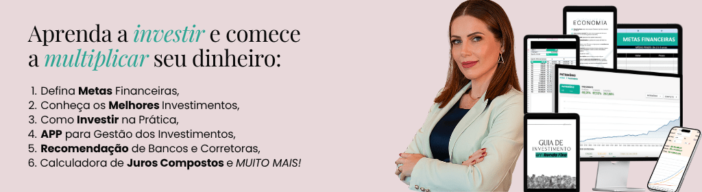 Banner superior do produto. Segue a descrição do conteúdo: Este curso foi feito para quem quer aprender a investir!
Você vai conhecer os melhores investimentos, como calcular seus ganhos, definir metas financeiras conforme sua fase de vida e o mais importante, como usar essas informações para fazer seu dinheiro trabalhar mais e mais por você.