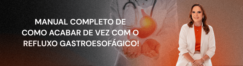 Banner superior do produto. Segue a descrição do conteúdo: No E-book Manual Completo para Acabar de vez com o Refluxo Gastroesofágico você encontra tudo que precisa saber para conseguir dar adeus ao problema de forma definitiva: aprenda o que é o Refluxo e por que ele acontece, hábitos diários para evitar o problema, exames a serem feitos para detectar o problema e principais medicações usadas. Composto de 38 páginas com imagens ilustrativas e linguagem simples, feito para você paciente. Elaborado com dedicação, baseado em evidências científicas e minha experiência clínica. Boa leitura!