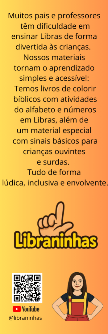 Banner lateral do produto. Segue a descrição do conteúdo: Livro de Colorir com o alfabeto em Libras 

Ensine o alfabeto de forma divertida!
Este livro de colorir é perfeito para crianças aprenderem as letras em Libras (Língua Brasileira de Sinais) de forma lúdica e criativa.
Ideal para uso em casa ou em sala de aula.
Cada página traz uma letra com um desenho correspondente para colorir.
Estimula o aprendizado, a inclusão e a coordenação motora.

Aprender Libras nunca foi tão divertido!