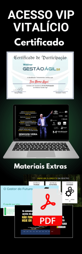 Banner lateral do produto. Segue a descrição do conteúdo: Material para Download do Curso de Gestão Ágil:
- Slides com todo os exemplos apresentados na aula
- Certificado de Participação